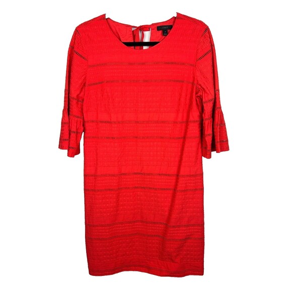 J.Crew Eyelet Flutter Bell Sleeve Shift Mini Dress Coral Orange Red Cotton Sz 4 - Picture 2 of 15